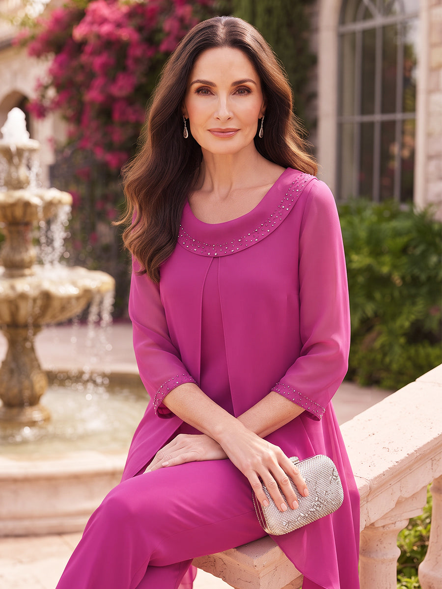 Pantsuits 2 Pieces  Scoop 3/4 Sleeves Chiffon Ankle-Length Mother of the Bride Dresses with Sequins