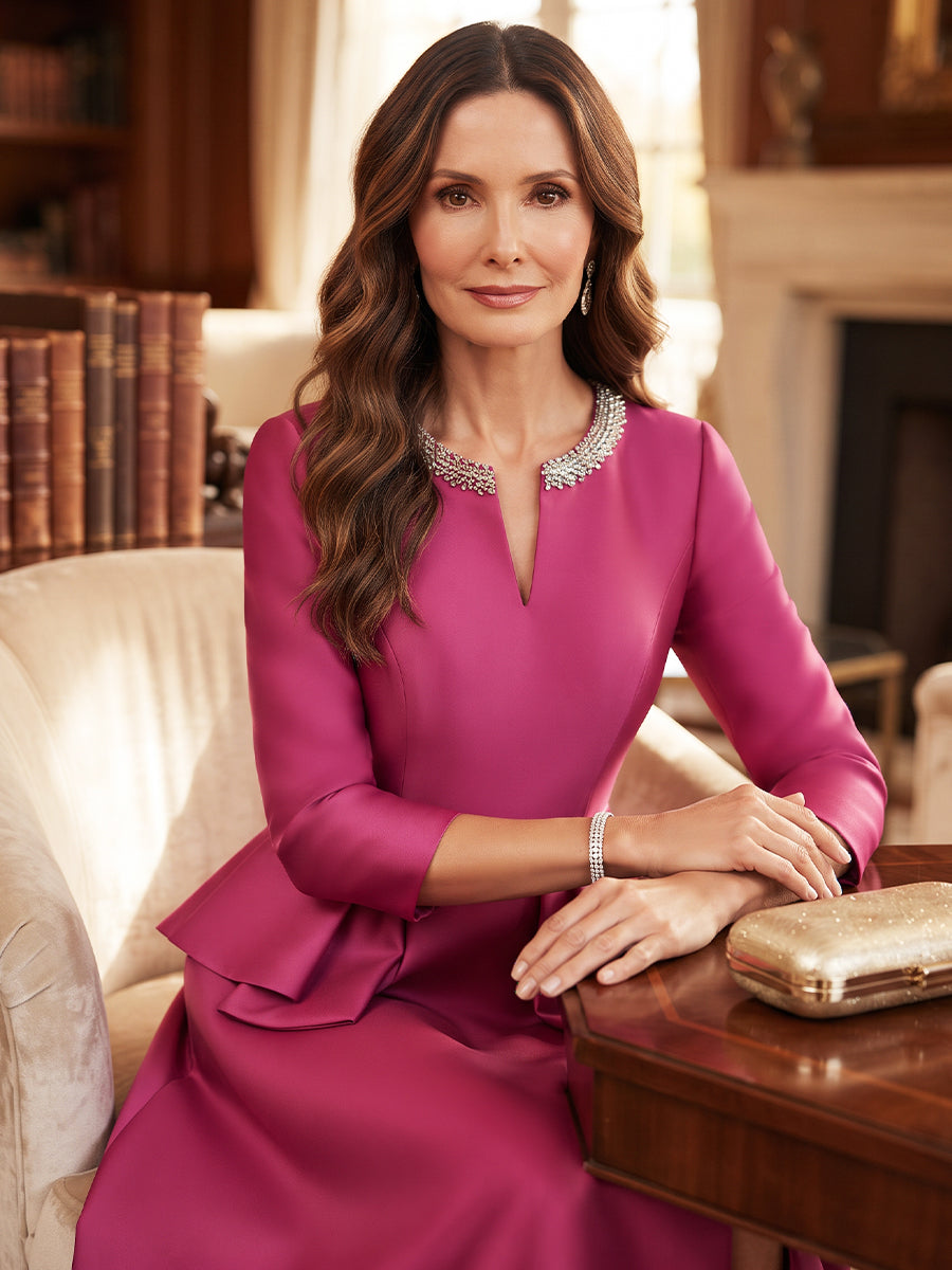 A-Line/Princess V-Neck 3/4 Sleeves Satin Floor-Length Mother of the Bride Dresses with Sequins&amp;Ruffles