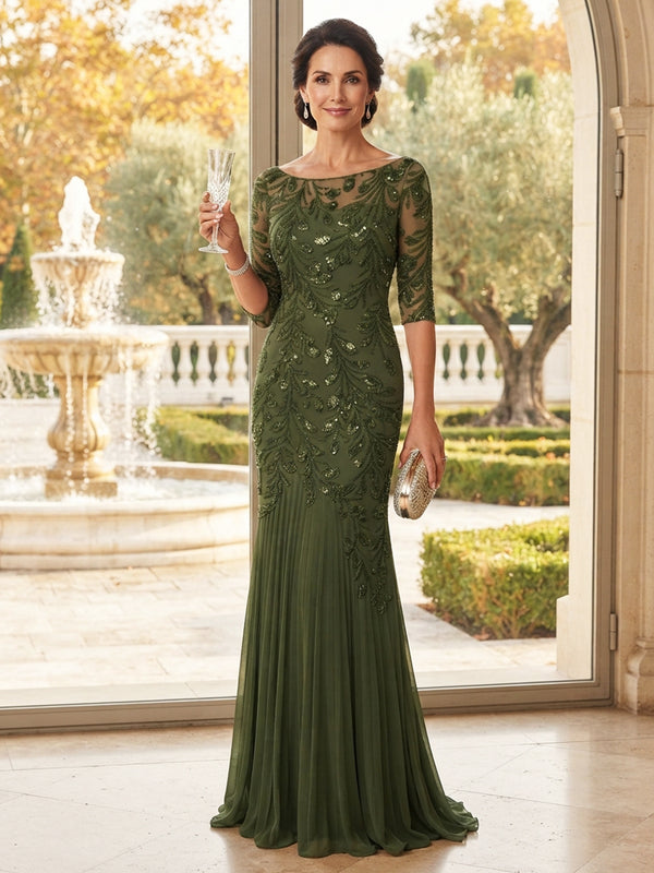 Sheath/Column Scoop 3/4 Sleeves Tulle Sequin Floor-Length Mother of the Bride Dresses with Appliques&Pleats
