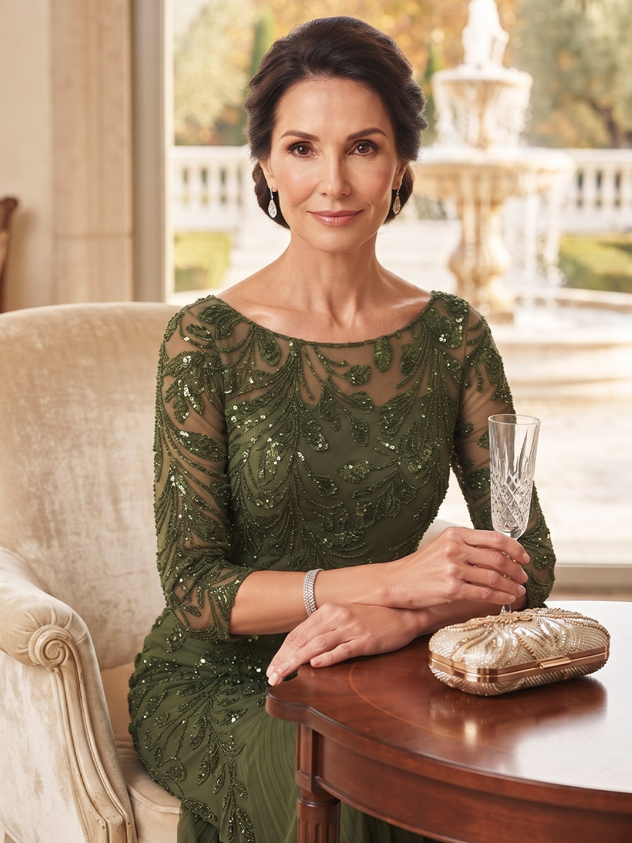 Sheath/Column Scoop 3/4 Sleeves Tulle Sequin Floor-Length Mother of the Bride Dresses with Appliques&amp;Pleats