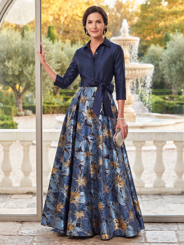 A-Line/Princess Shirt Collar 3/4 Sleeves Satin Jacquard Floor-Length Mother of the Bride Dresses with Bowknot