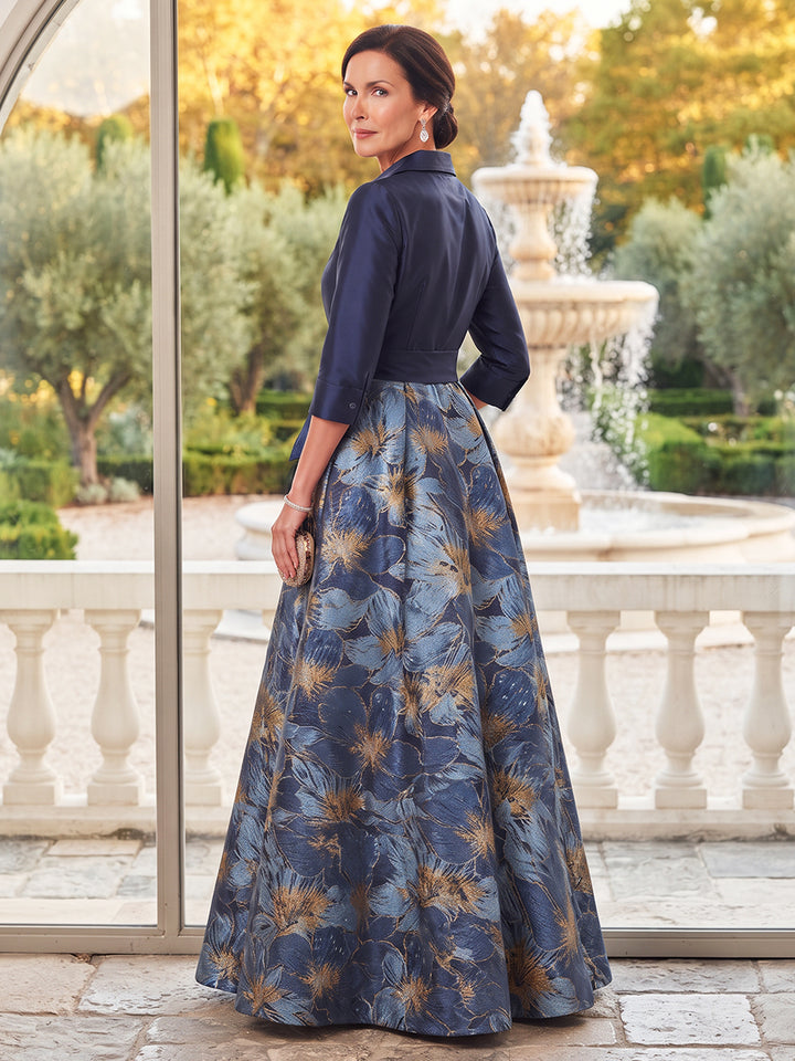 A-Line/Princess Shirt Collar 3/4 Sleeves Satin Jacquard Floor-Length Mother of the Bride Dresses with Bowknot