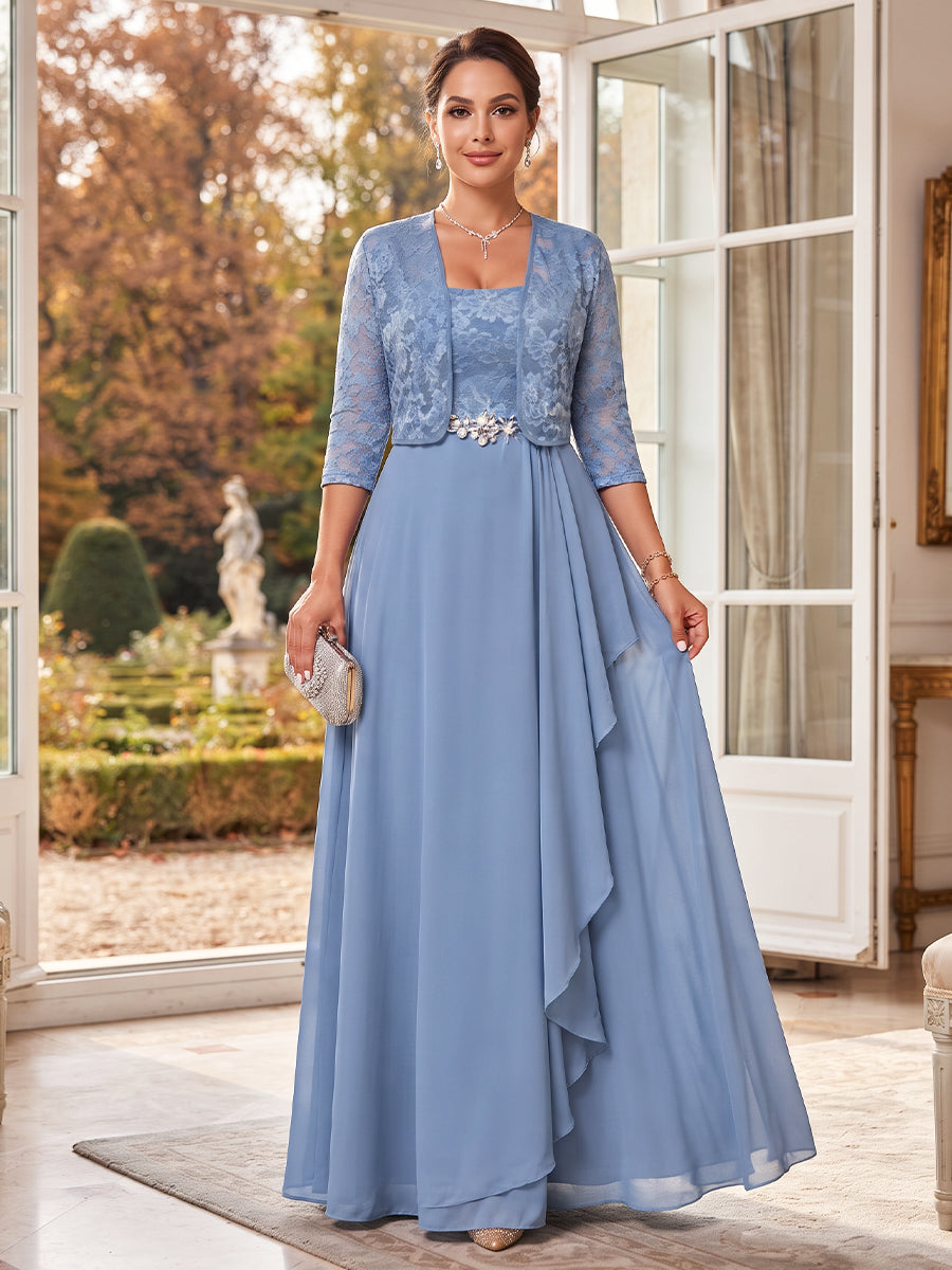 A-Line/Princess Square Neck 3/4 Sleeves Chiffon Floor-Length Mother of the Bride Dresses with Lace&amp;Ruffles