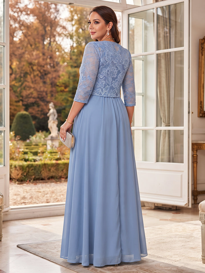 A-Line/Princess Square Neck 3/4 Sleeves Chiffon Floor-Length Mother of the Bride Dresses with Lace&amp;Ruffles