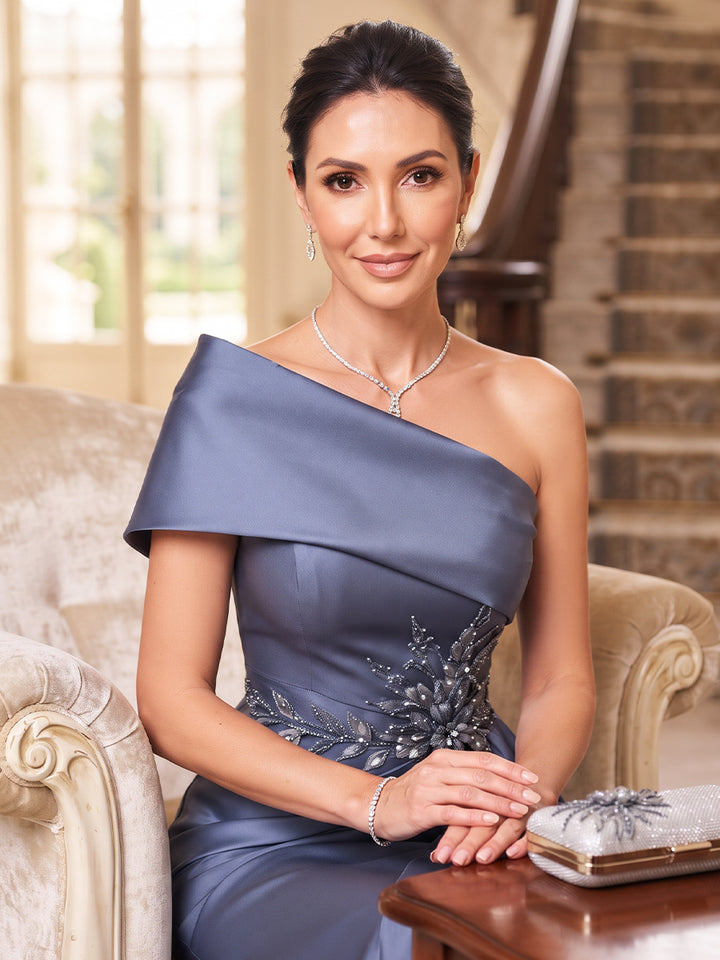 A-Line/Princess One-Shoulder Sleeveless Satin Floor-Length Mother of the Bride Dresses with Applique&amp;Ruffles