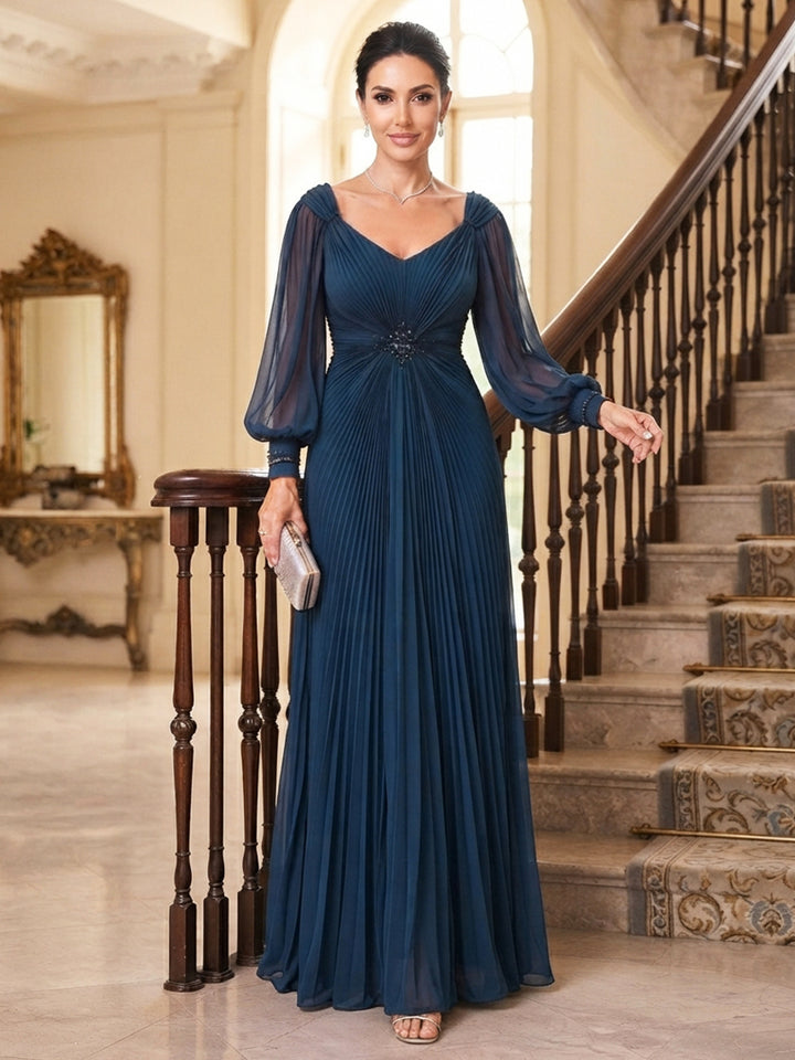 A-Line/Princess V-Neck Long Sleeves Chiffon Floor-Length Mother of the Bride Dresses with Pleats