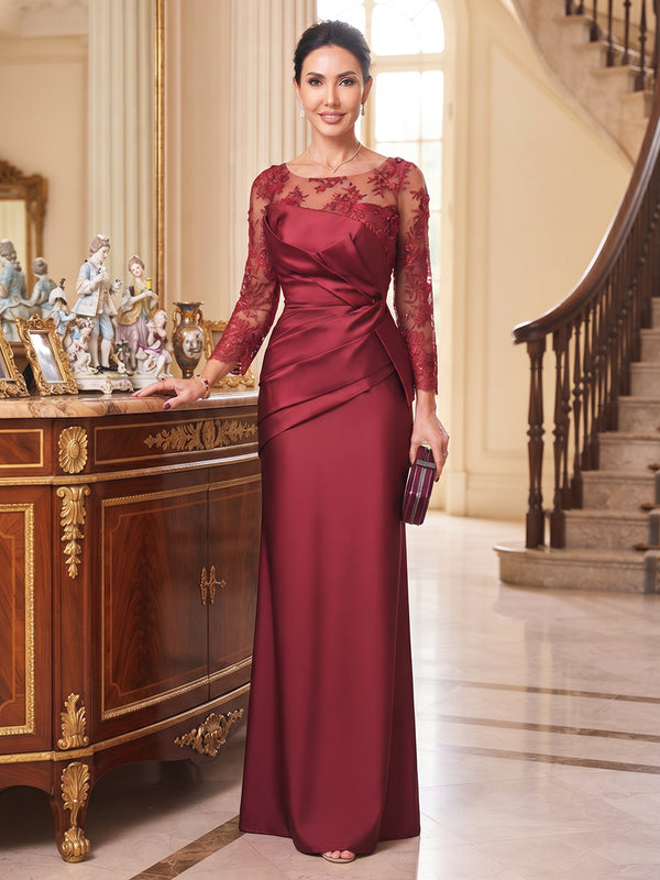Sheath/Column Scoop Long Sleeves Satin Floor-Length Mother of the Bride Dresses with Ruched