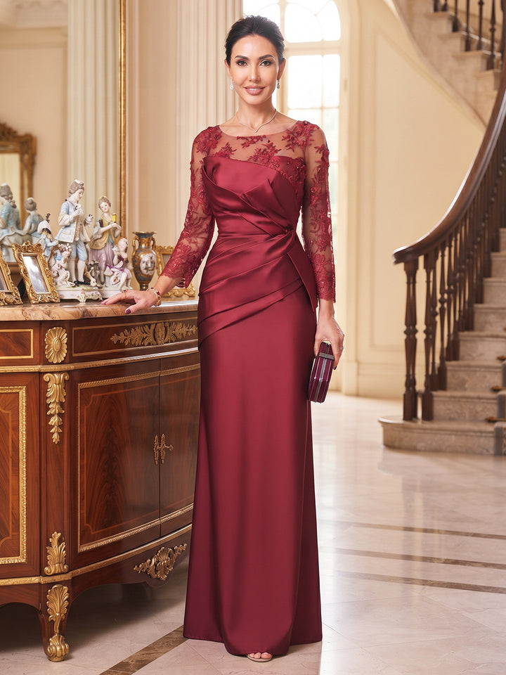 Sheath/Column Scoop Long Sleeves Satin Floor-Length Mother of the Bride Dresses with Ruched
