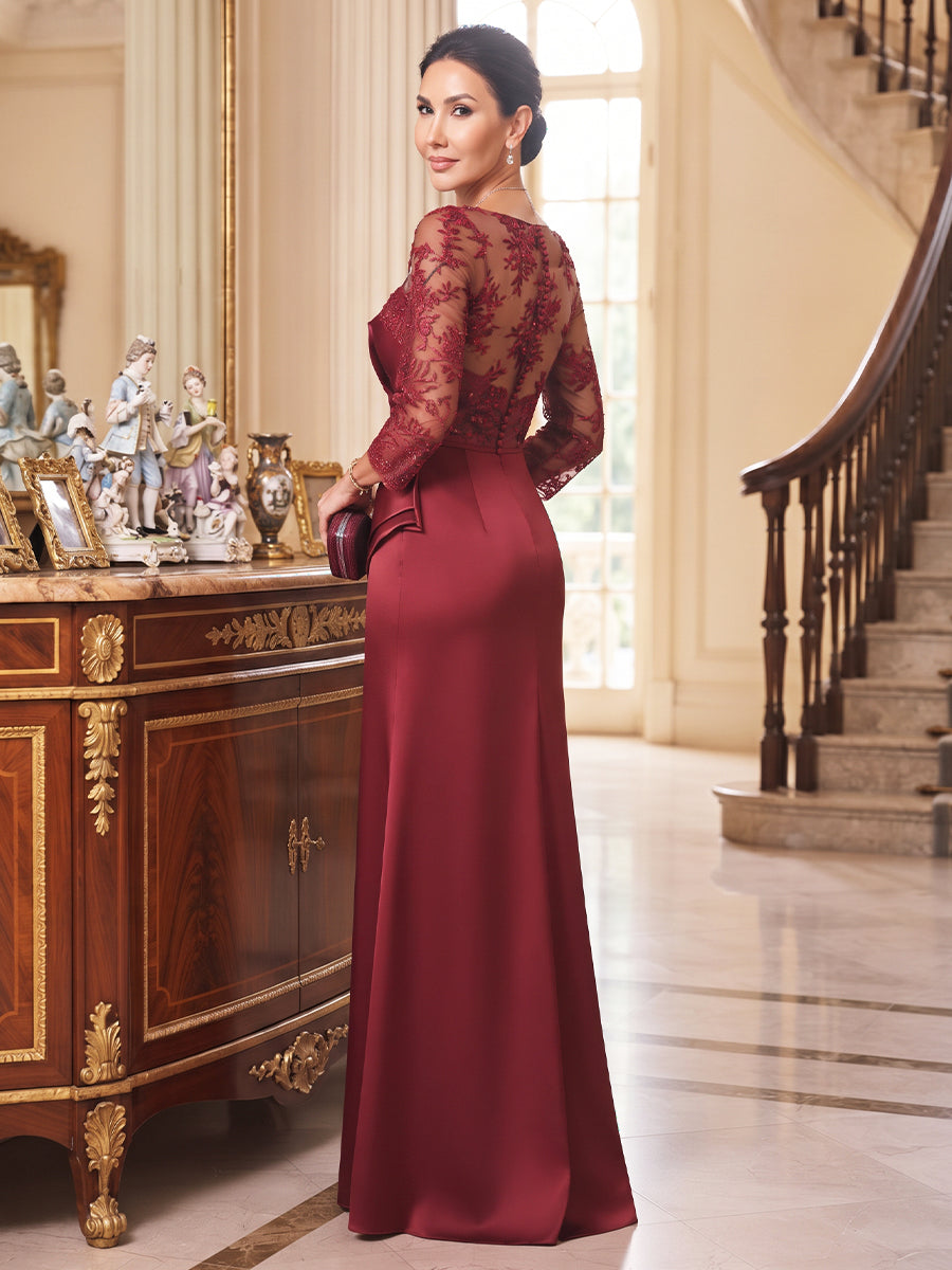 Sheath/Column Scoop Long Sleeves Satin Floor-Length Mother of the Bride Dresses with Ruched