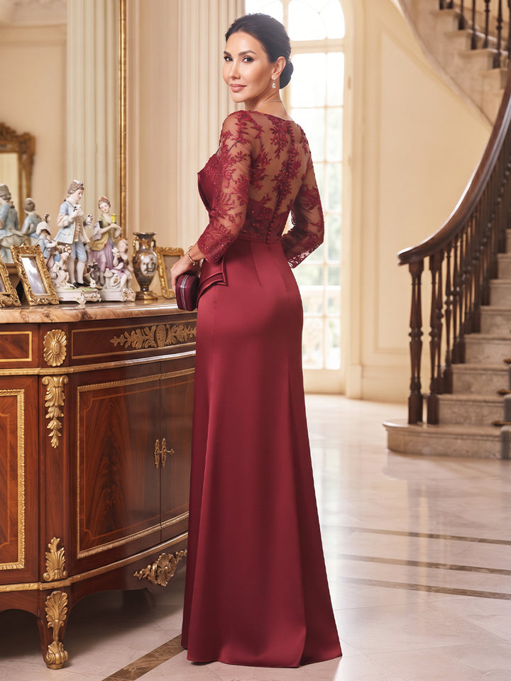 Sheath/Column Scoop Long Sleeves Satin Floor-Length Mother of the Bride Dresses with Ruched