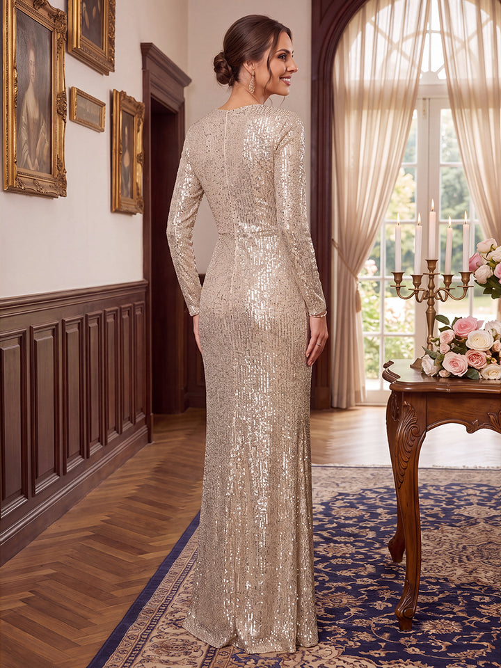 Sheath/Column Scoop Long Sleeves Sequin Floor-Length Mother of the Bride Dresses with Ruched