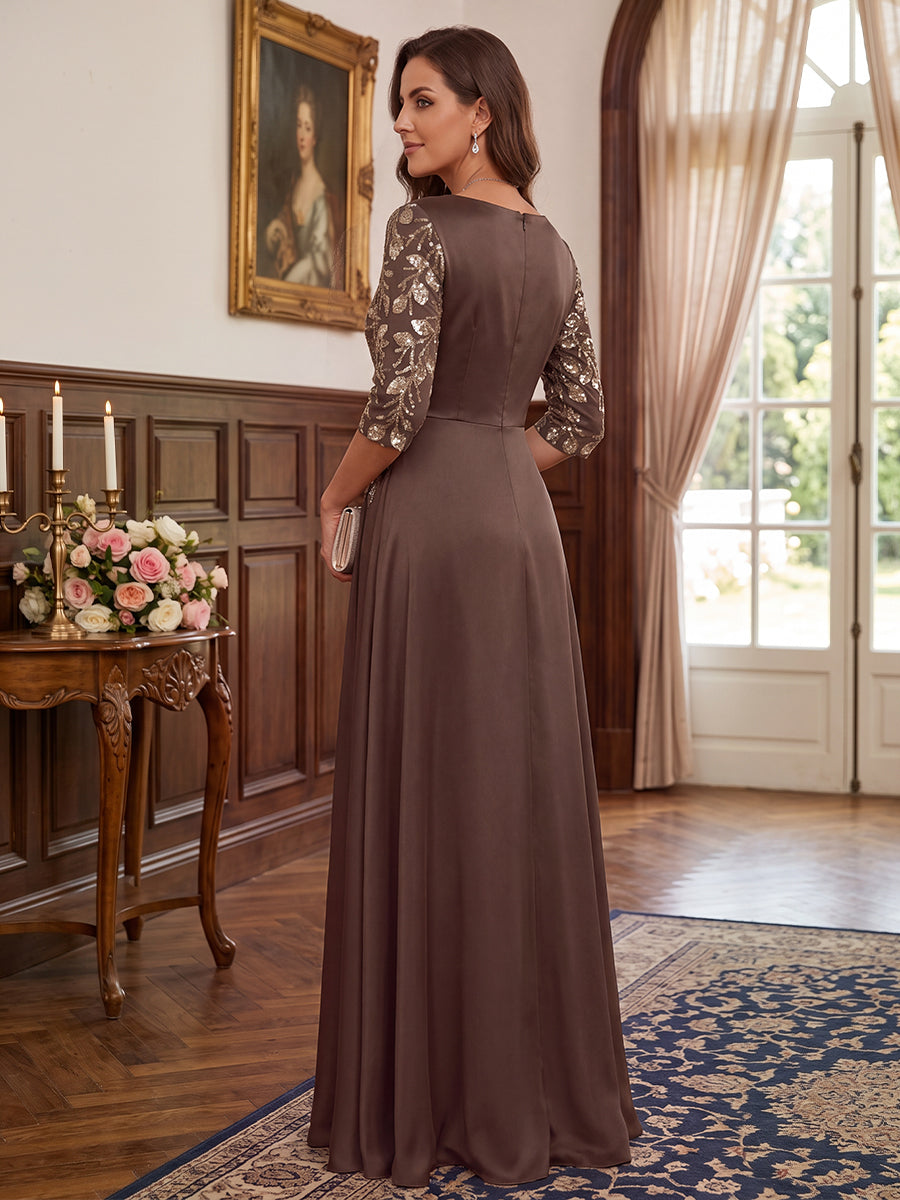 A-Line/Princess V-Neck 3/4 Sleeves Satin Floor-Length Mother of the Bride Dresses with Applique