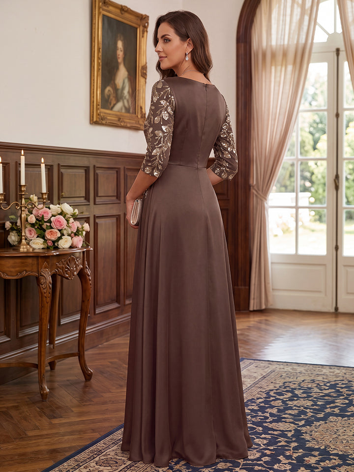 A-Line/Princess V-Neck 3/4 Sleeves Satin Floor-Length Mother of the Bride Dresses with Applique