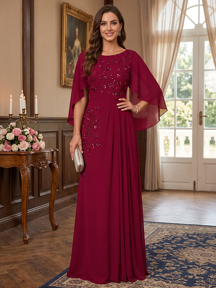 A-Line/Princess Scoop Cap Sleeves Chiffon Floor-Length Mother of the Bride Dresses with Applique