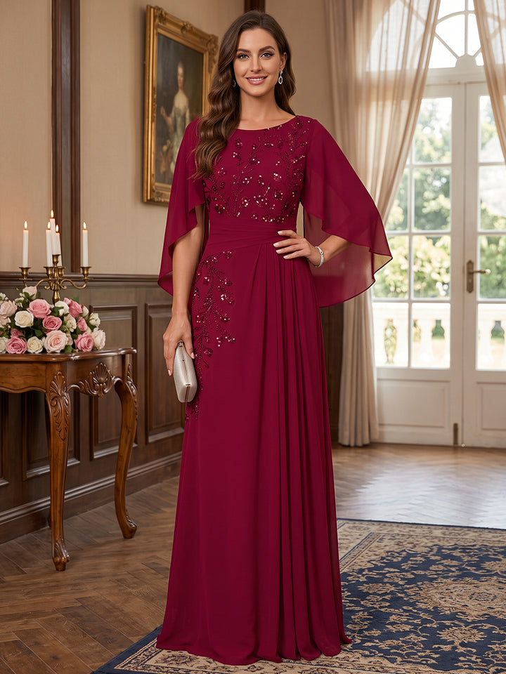 A-Line/Princess Scoop Cap Sleeves Chiffon Floor-Length Mother of the Bride Dresses with Applique