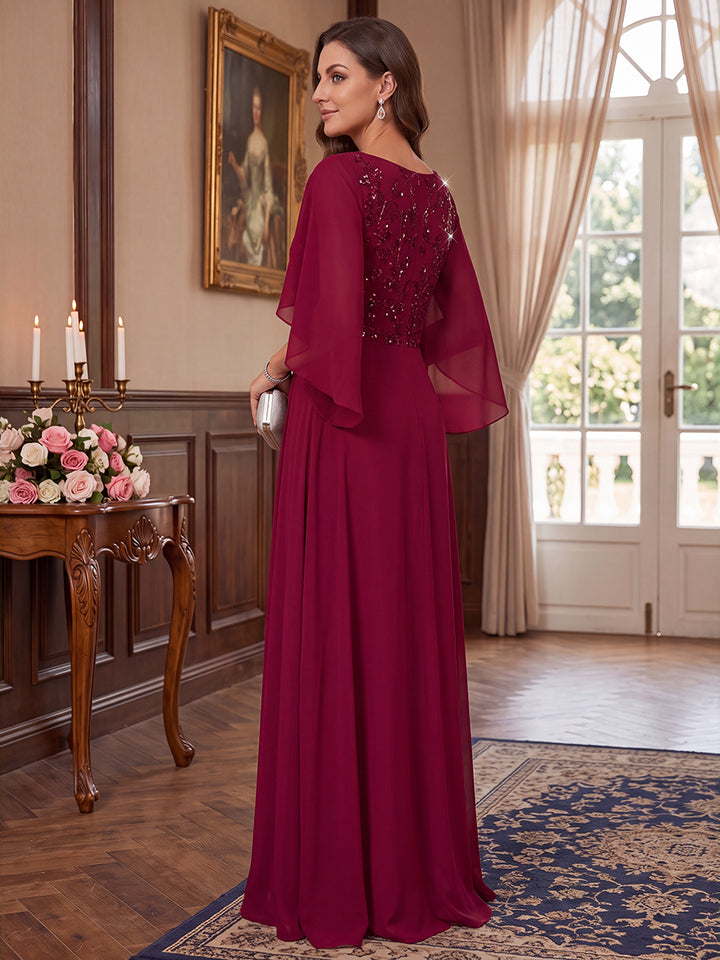A-Line/Princess Scoop Cap Sleeves Chiffon Floor-Length Mother of the Bride Dresses with Applique