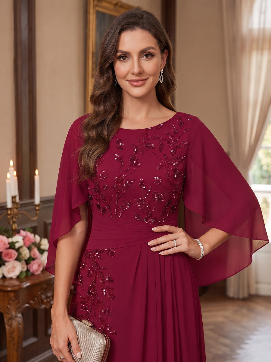 A-Line/Princess Scoop Cap Sleeves Chiffon Floor-Length Mother of the Bride Dresses with Applique