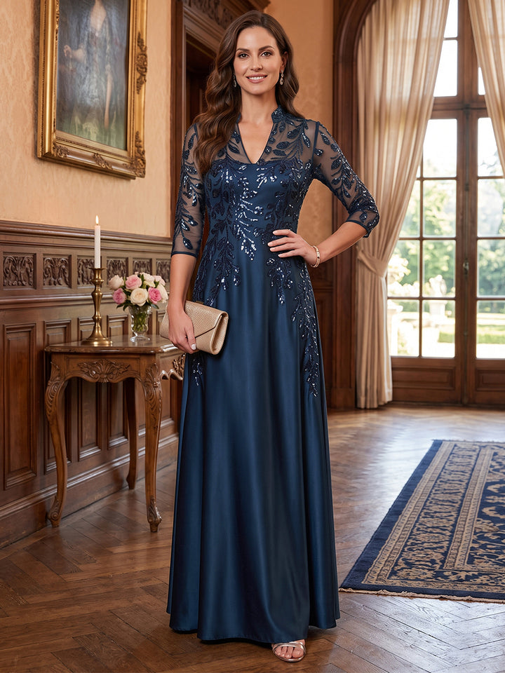 Sheath/Column V-Neck 3/4 Sleeves Satin Floor-Length Mother of the Bride Dresses with Applique