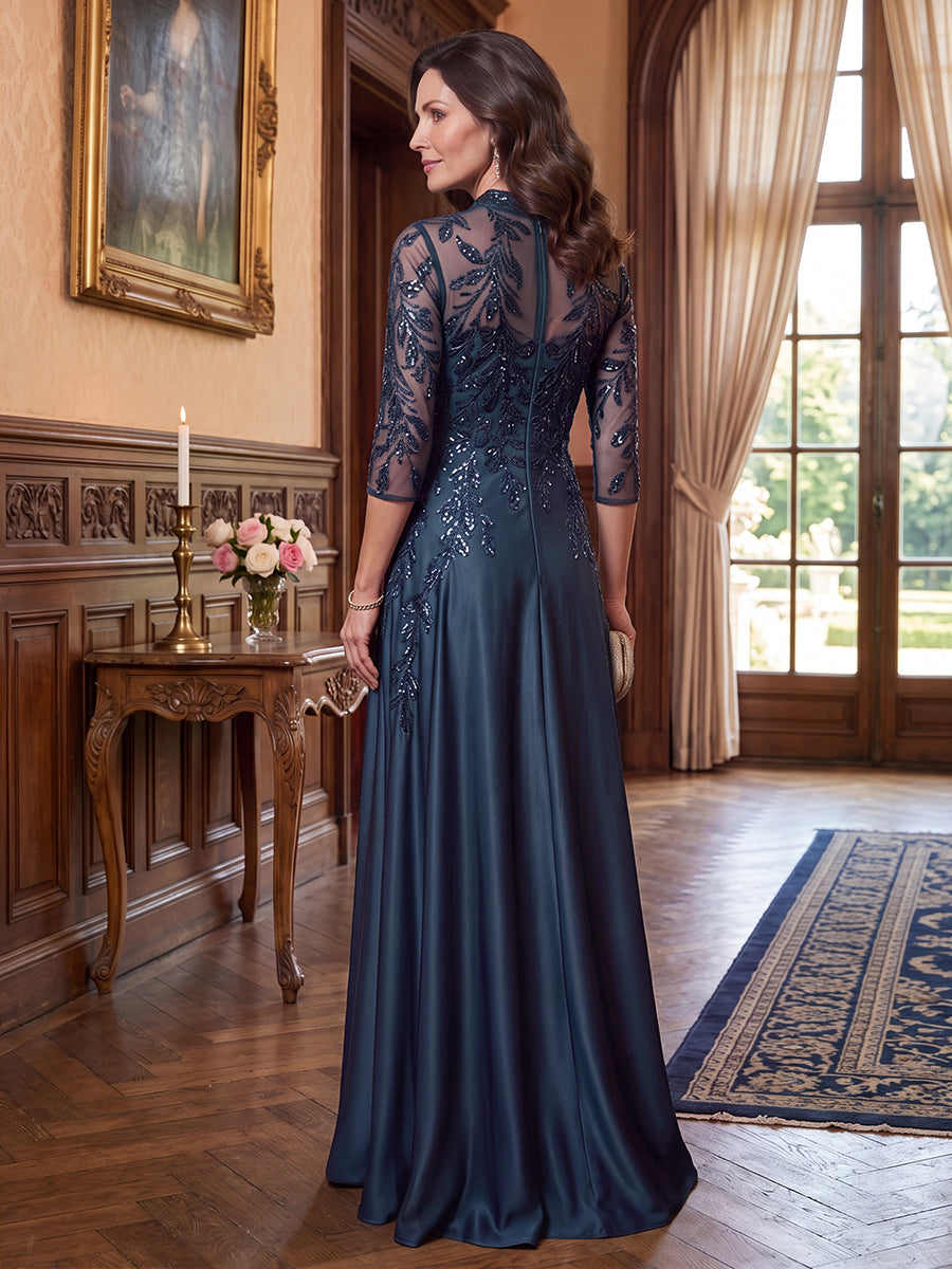 Sheath/Column V-Neck 3/4 Sleeves Satin Floor-Length Mother of the Bride Dresses with Applique