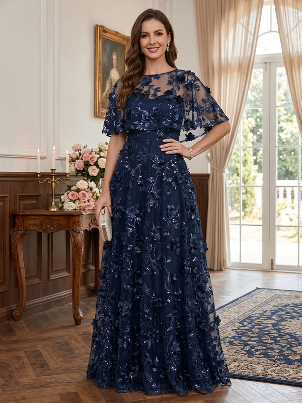A-Line/Princess Scoop Cap Sleeves Tulle Floor-Length Mother of the Bride Dresses with Appliques&3D Flower