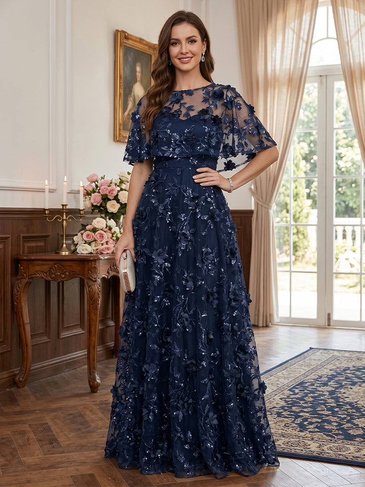 A-Line/Princess Scoop Cap Sleeves Tulle Floor-Length Mother of the Bride Dresses with Appliques&amp;3D Flower