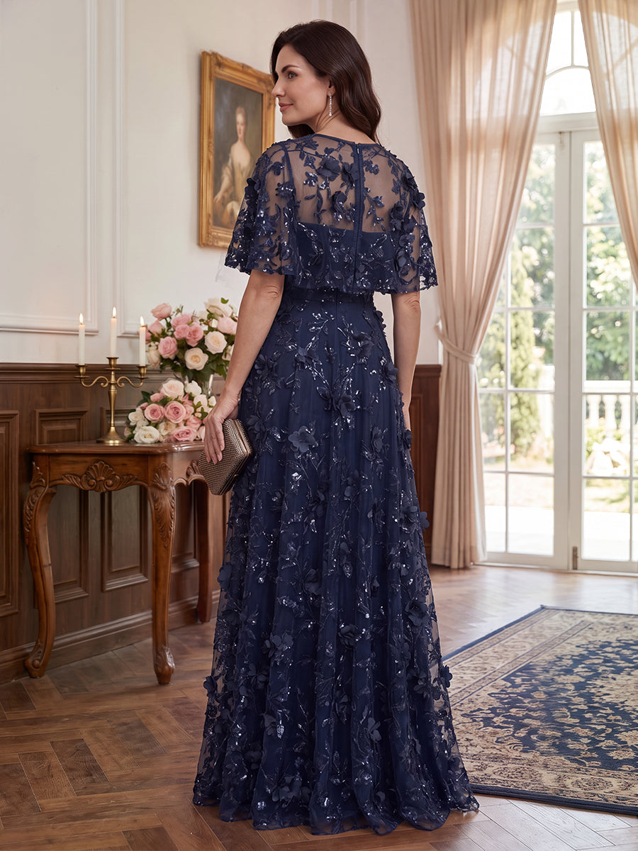 A-Line/Princess Scoop Cap Sleeves Tulle Floor-Length Mother of the Bride Dresses with Appliques&amp;3D Flower