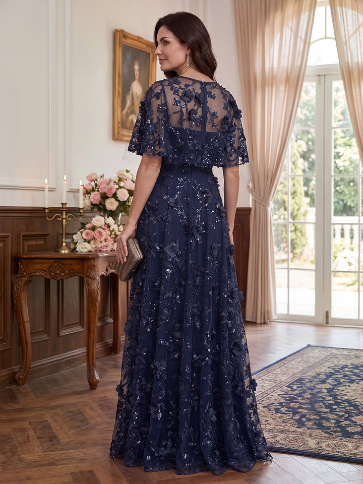 A-Line/Princess Scoop Cap Sleeves Tulle Floor-Length Mother of the Bride Dresses with Appliques&amp;3D Flower