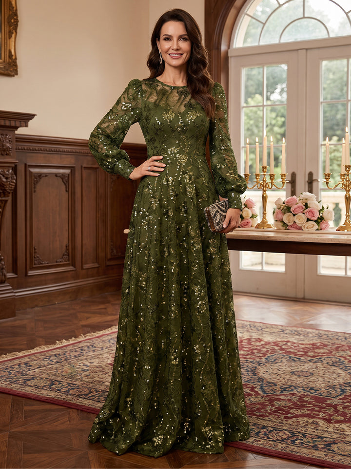 A-Line/Princess Scoop Long Sleeves Tulle Sequin Floor-Length Mother of the Bride Dresses with Applique