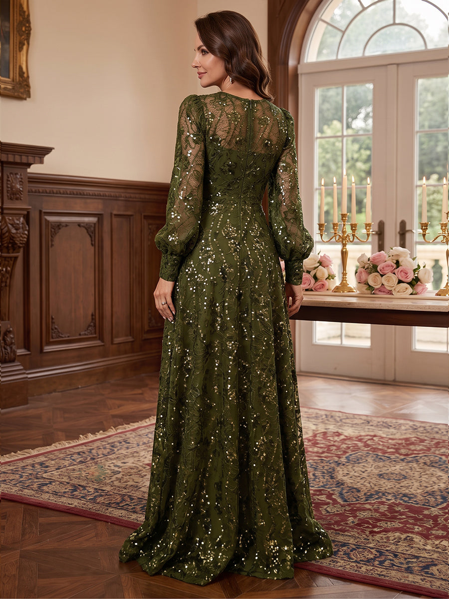 A-Line/Princess Scoop Long Sleeves Tulle Sequin Floor-Length Mother of the Bride Dresses with Applique