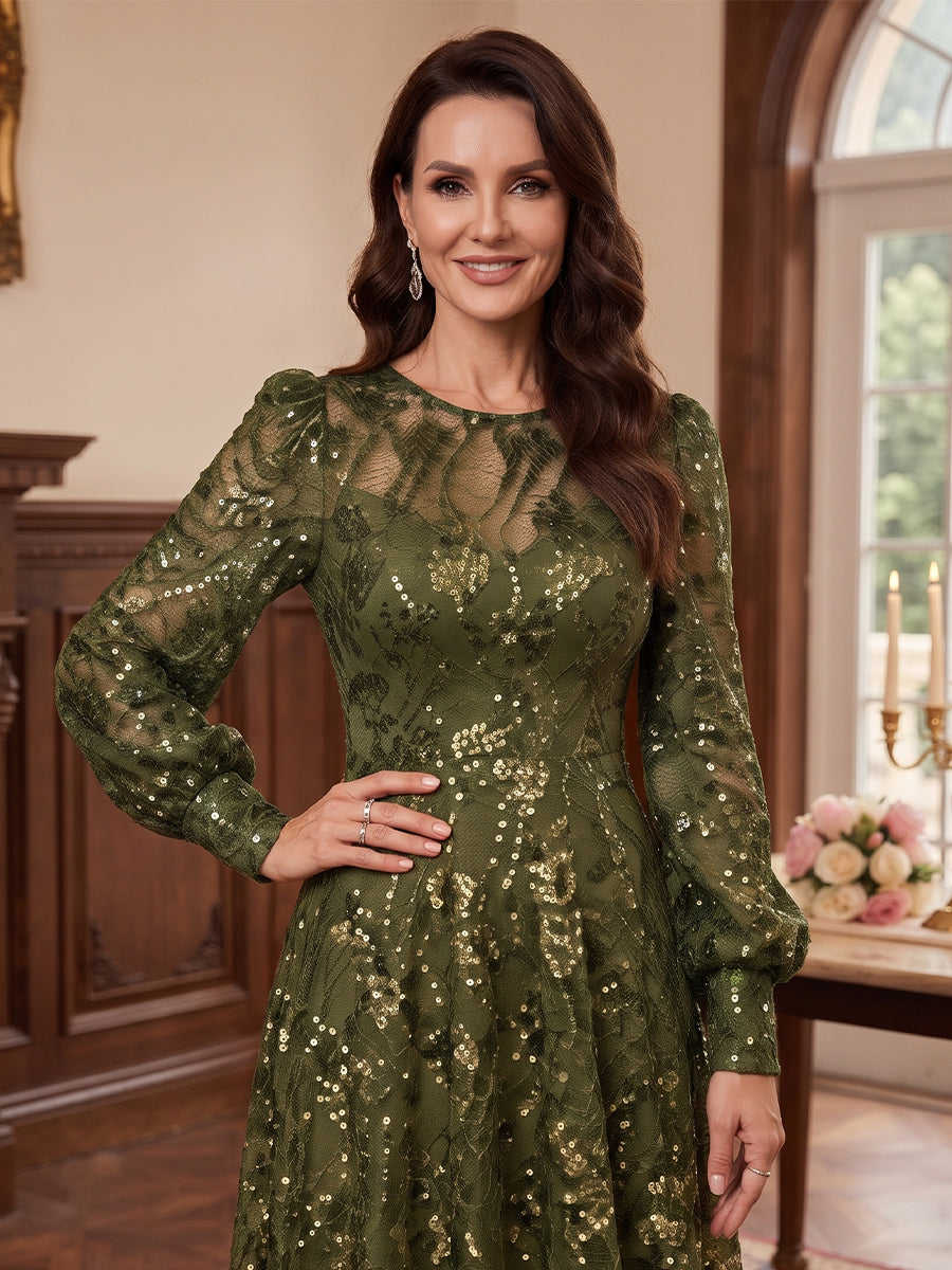 A-Line/Princess Scoop Long Sleeves Tulle Sequin Floor-Length Mother of the Bride Dresses with Applique