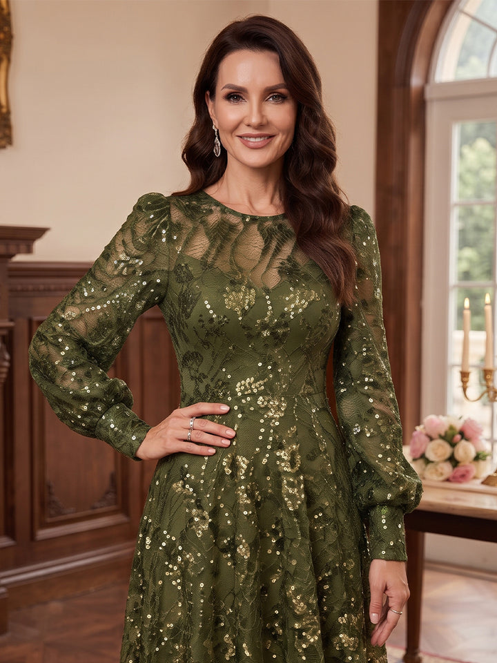 A-Line/Princess Scoop Long Sleeves Tulle Sequin Floor-Length Mother of the Bride Dresses with Applique