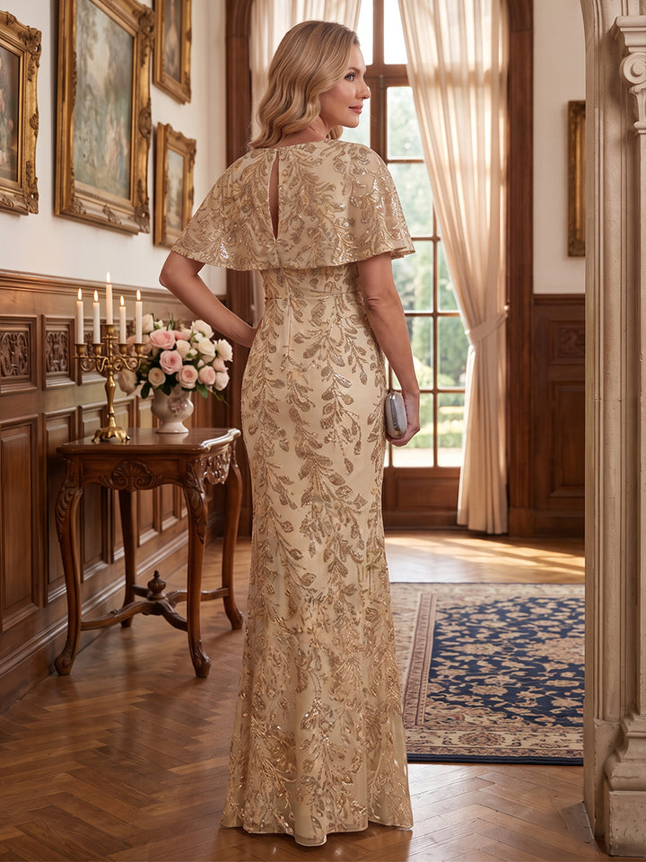 Sheath/Column Cowl Neck Cap Sleeves Tulle Sequin Floor-Length Mother of the Bride Dresses with Applique