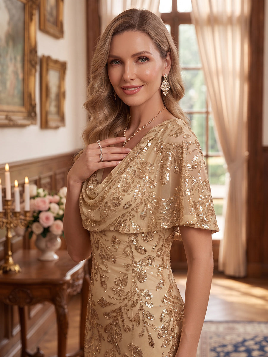 Sheath/Column Cowl Neck Cap Sleeves Tulle Sequin Floor-Length Mother of the Bride Dresses with Applique