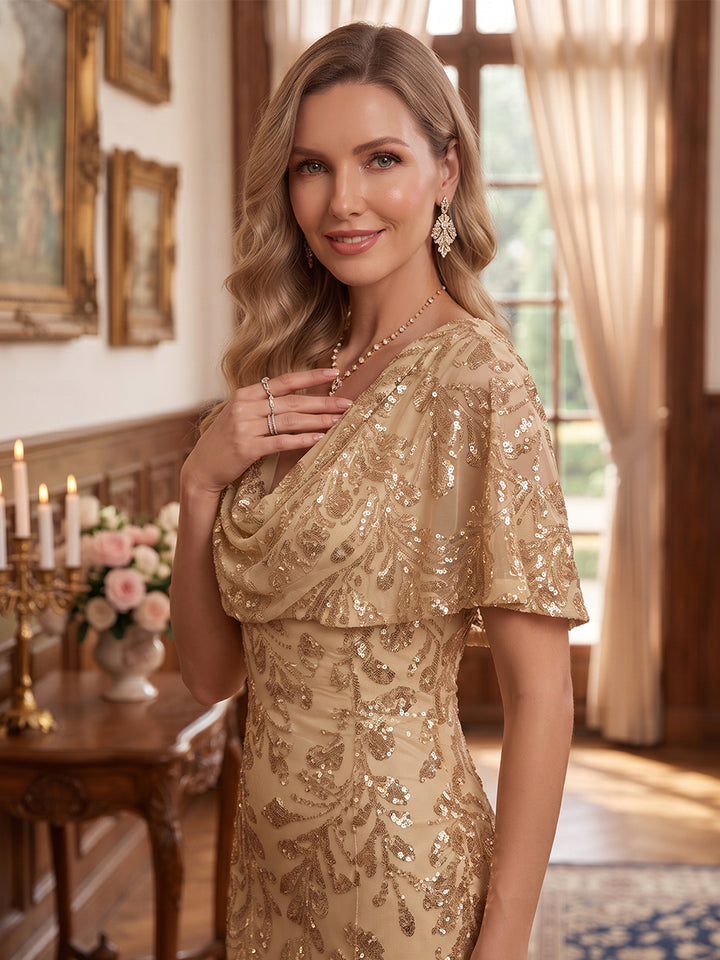 Sheath/Column Cowl Neck Cap Sleeves Tulle Sequin Floor-Length Mother of the Bride Dresses with Applique