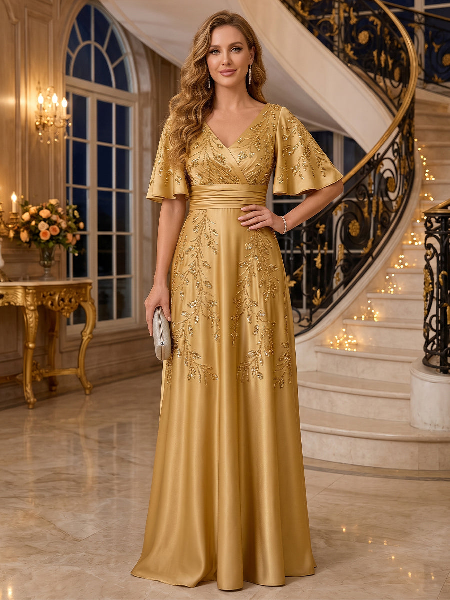 A-Line/Princess V-Neck Short Sleeves Satin Floor-Length Mother of the Bride Dresses with Applique