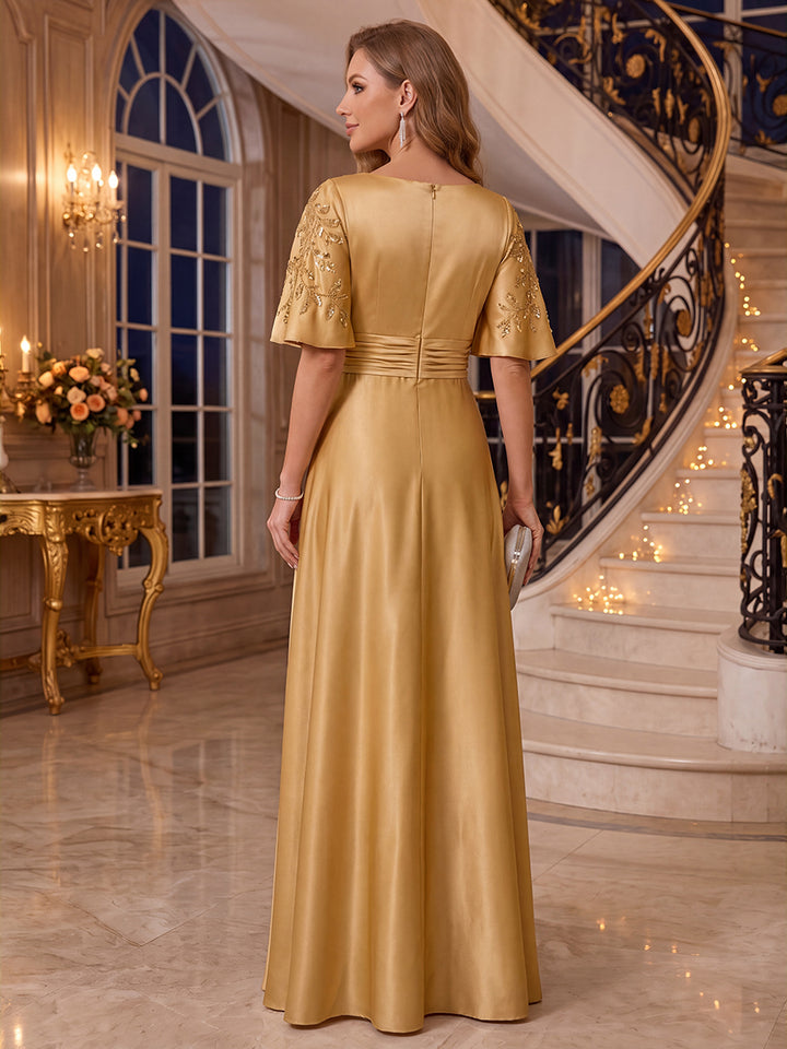 A-Line/Princess V-Neck Short Sleeves Satin Floor-Length Mother of the Bride Dresses with Applique