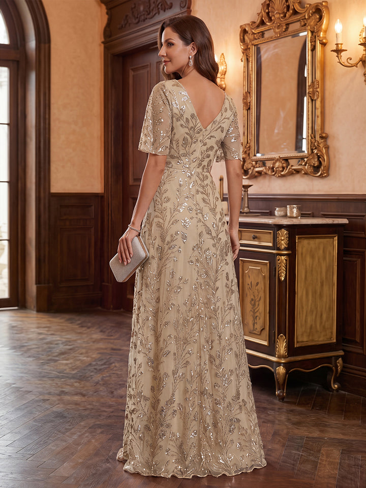 A-Line/Princess V-Neck Short Sleeves Tulle Sequin Floor-Length Mother of the Bride Dresses with Applique