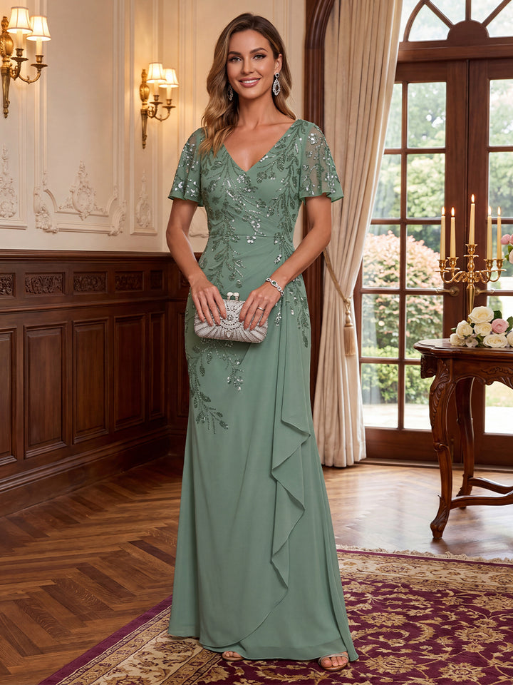 Sheath/Column V-Neck Short Sleeves Chiffon Floor-Length Mother of the Bride Dresses with Applique &amp; Ruffles