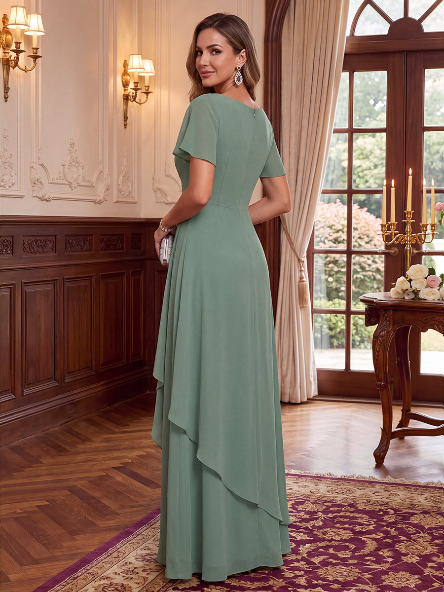 Sheath/Column V-Neck Short Sleeves Chiffon Floor-Length Mother of the Bride Dresses with Applique &amp; Ruffles