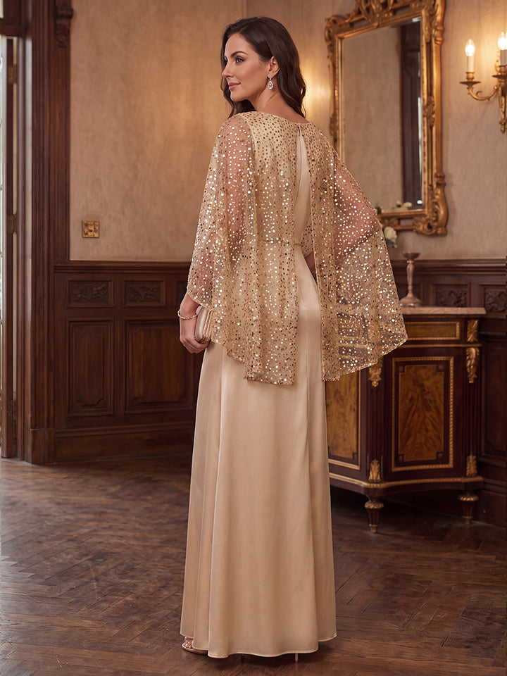 Sheath/Column Scoop Cap Sleeves Sequin Floor-Length Mother of the Bride Dresses
