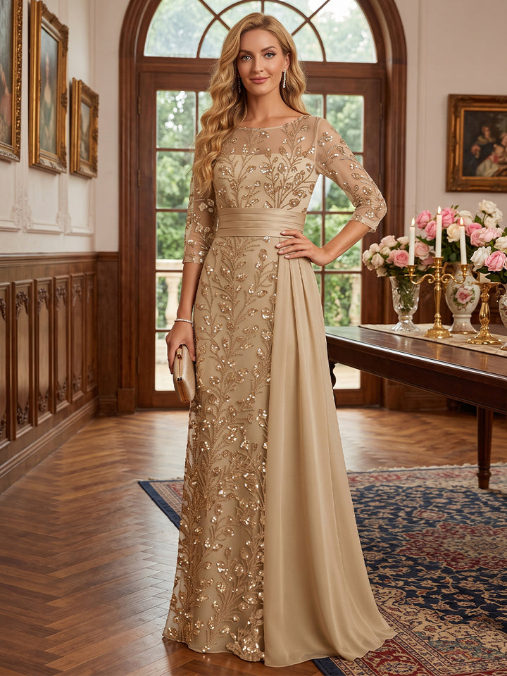 Sheath/Column Scoop 3/4 Sleeves Tulle Sequin Floor-Length Mother of the Bride Dresses with Applique &amp; Ruched