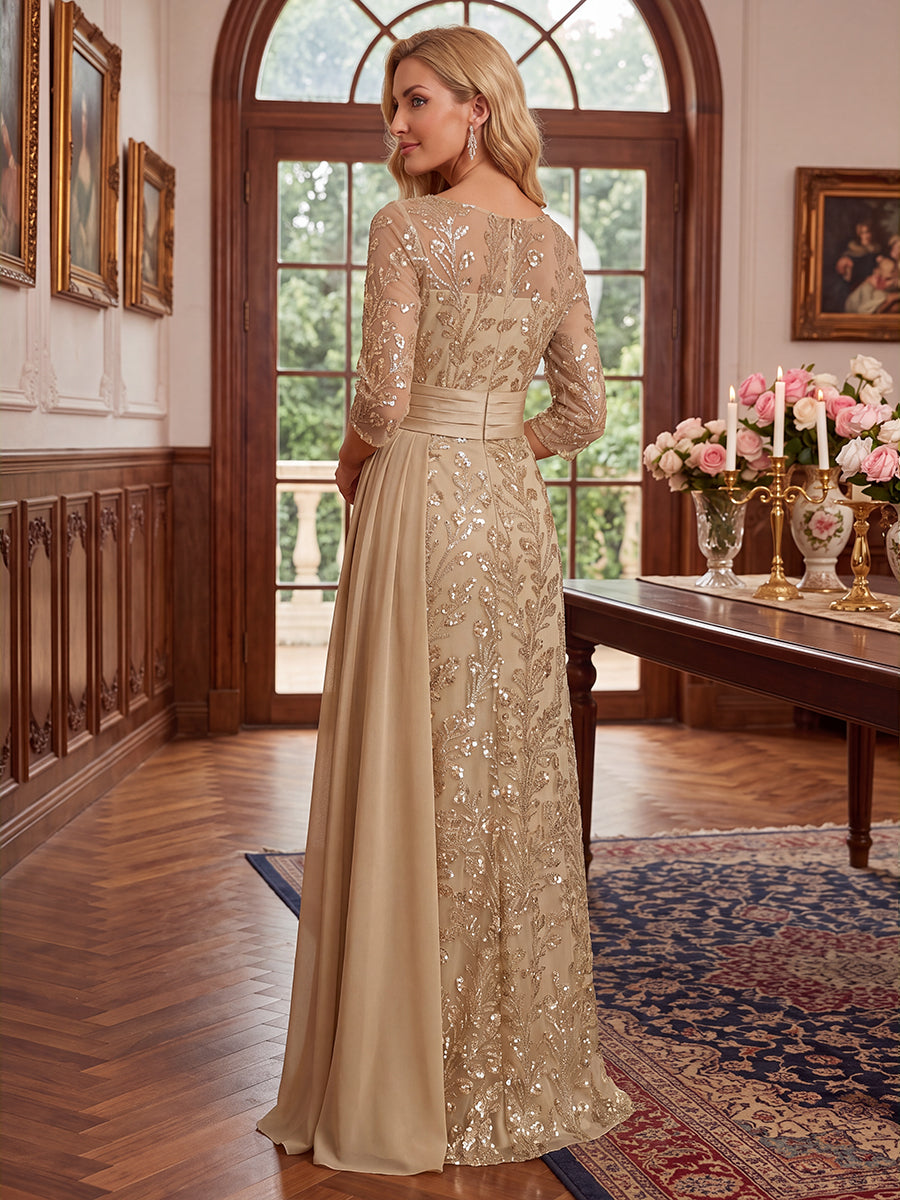 Sheath/Column Scoop 3/4 Sleeves Tulle Sequin Floor-Length Mother of the Bride Dresses with Applique &amp; Ruched