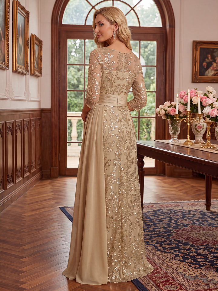 Sheath/Column Scoop 3/4 Sleeves Tulle Sequin Floor-Length Mother of the Bride Dresses with Applique &amp; Ruched