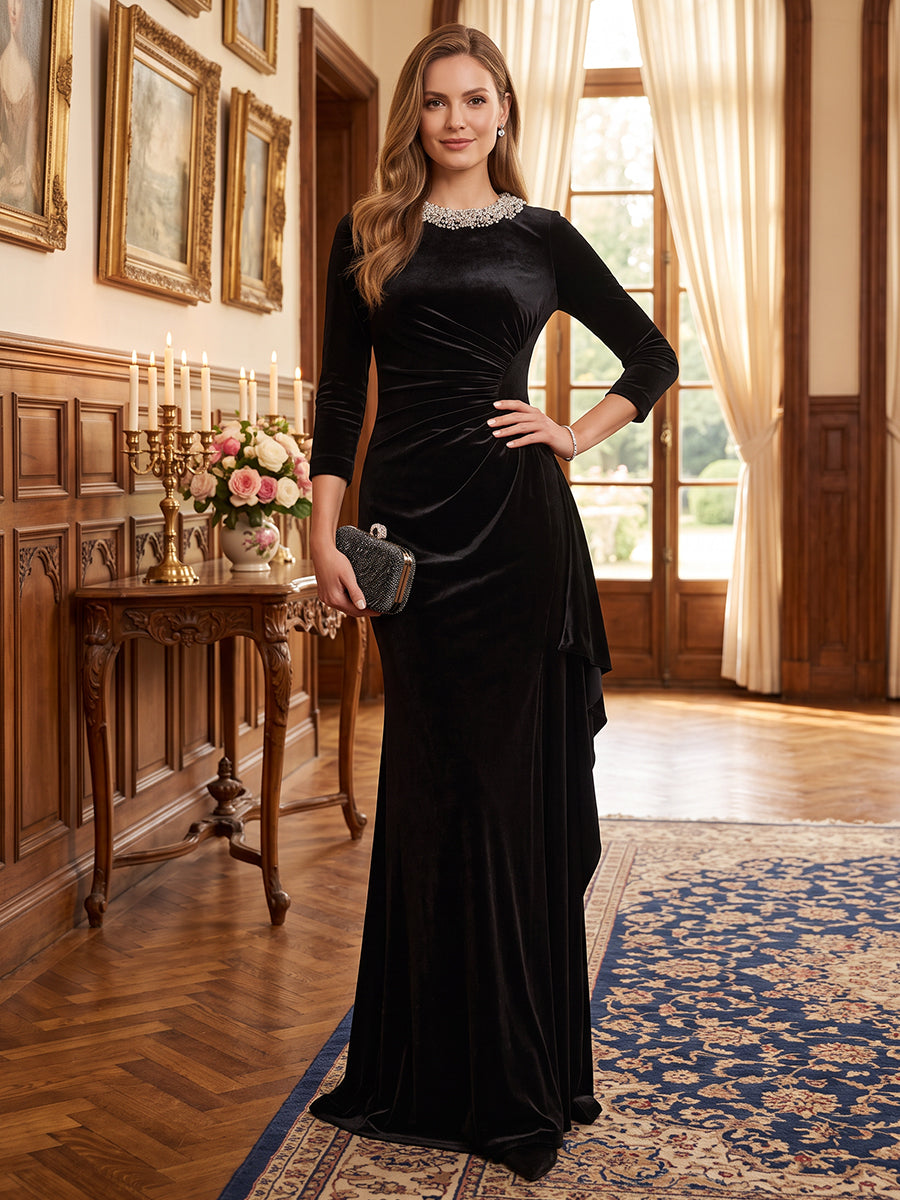 Sheath/Column Scoop 3/4 Sleeves Velvet Floor-Length Mother of the Bride Dresses with Sequins &amp; Ruffles