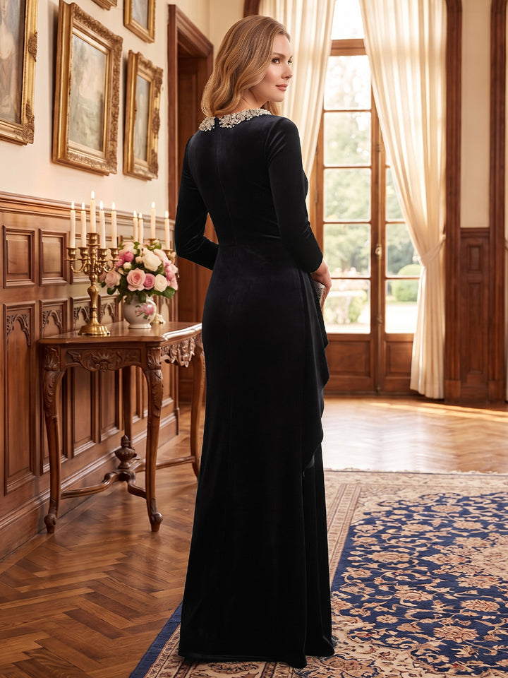 Sheath/Column Scoop 3/4 Sleeves Velvet Floor-Length Mother of the Bride Dresses with Sequins &amp; Ruffles