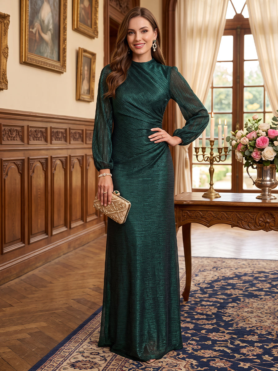 Sheath/Column Crew Neck Long Sleeves Chiffon Floor-Length Mother of the Bride Dresses with Ruched