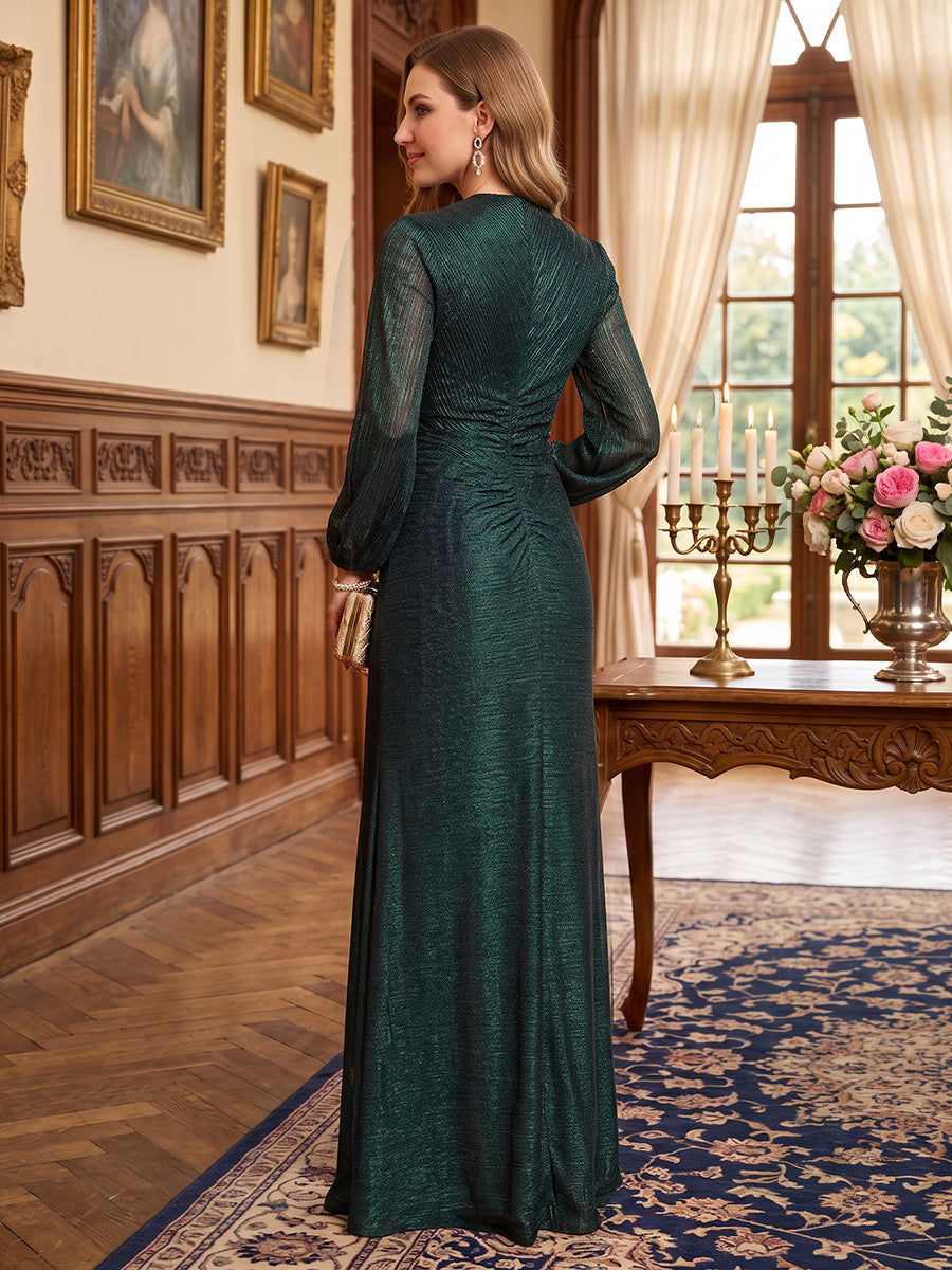 Sheath/Column Crew Neck Long Sleeves Chiffon Floor-Length Mother of the Bride Dresses with Ruched