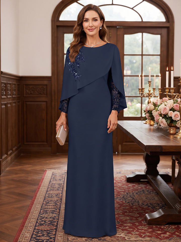 Sheath/Column Scoop Cap Sleeves Chiffon Floor-Length Mother of the Bride Dresses with Appliques&amp;Lace