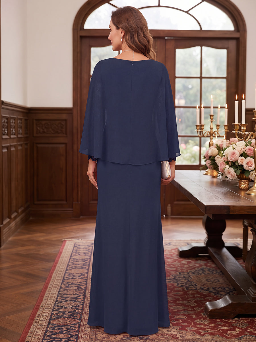 Sheath/Column Scoop Cap Sleeves Chiffon Floor-Length Mother of the Bride Dresses with Appliques&amp;Lace