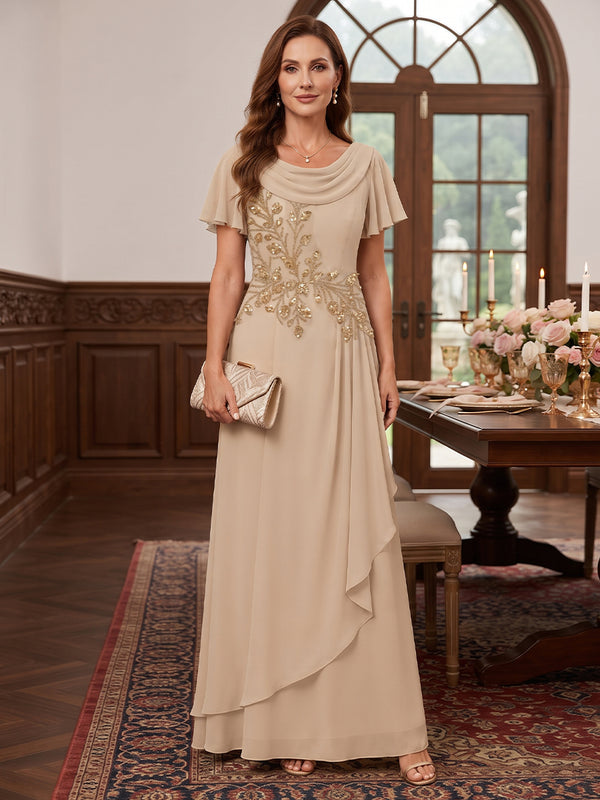 Sheath/Column Cowl Neck Short Sleeves Chiffon Floor-Length Mother of the Bride Dresses with Applique & Ruched